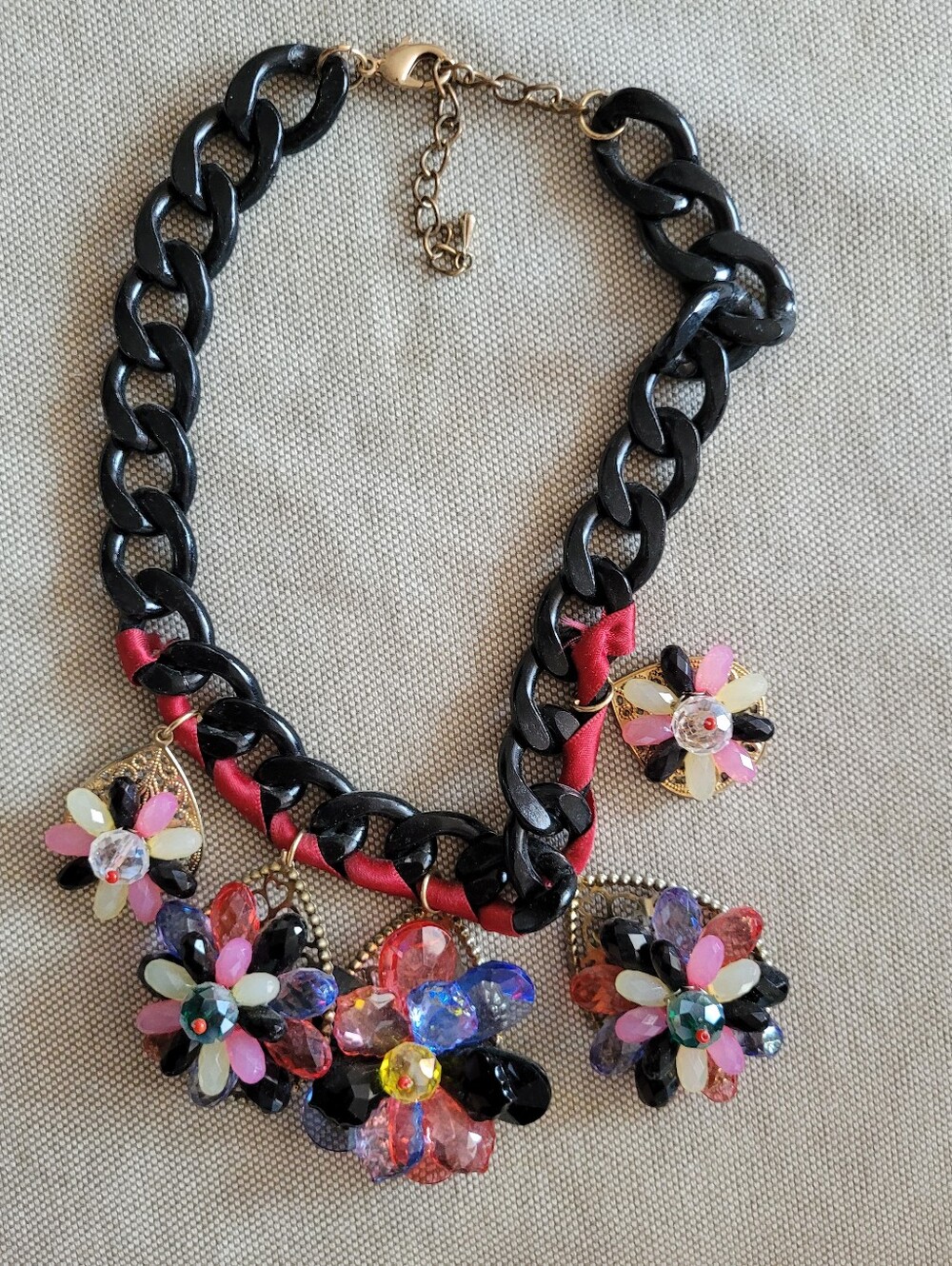 Floral Crystal Statement Necklace - Pink & Black